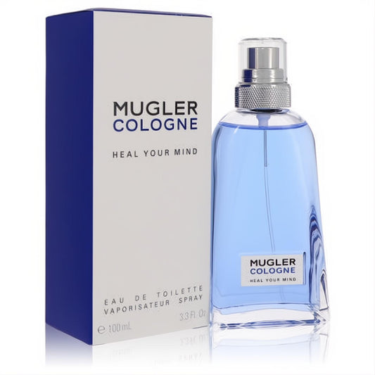 Mugler Heal Your Mind unisex 3.3 oz EDT. Sleek clear bottle with refreshing blue liquid, silver spray, and modern white/blue box.