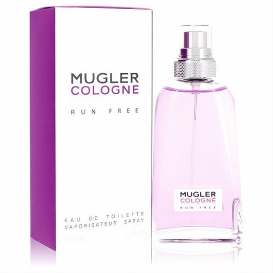 Mugler Run Free 3.3 oz unisex EDT spray. Chic lavender glass bottle with silver cap, displayed with its bold purple and white box.