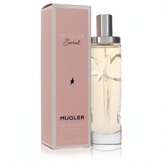 Mugler Secret 1.7 oz Eau De Toilette spray. Clear star-embossed bottle, silver cap, and elegant pink box.