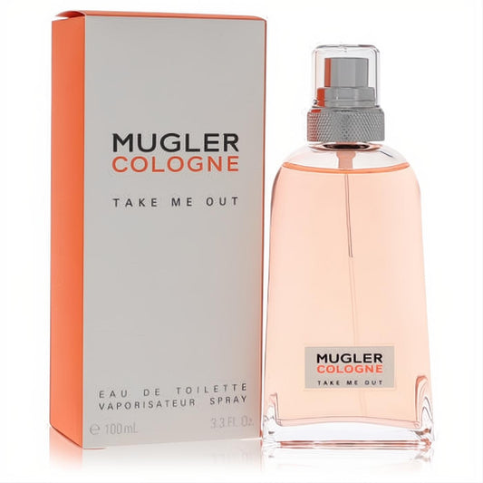 Mugler Take Me Out 3.3 oz unisex EDT spray in a clear glass bottle with peach liquid, beside its vibrant white and orange box.