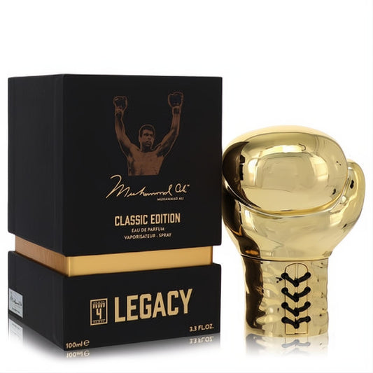 Muhammad Ali Legacy Round 4 Classic Edition 3.3 oz men's eau de parfum. Striking gold boxing glove bottle, black & gold box with Ali's victory pose.