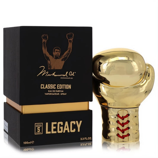 Muhammad Ali Legacy Classic Edition 3.3 oz Eau De Parfum. Gold boxing glove bottle with red laces, powerful black & gold box.