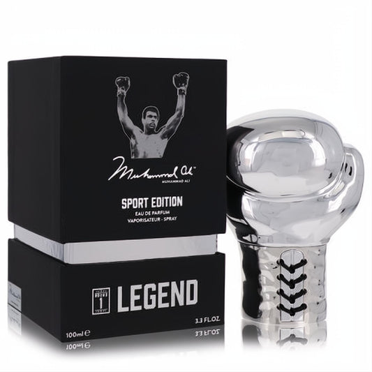 Muhammad Ali Legend Sport Edition 3.3 oz men's EDP. Iconic silver boxing glove bottle and black box with Ali's victory image.
