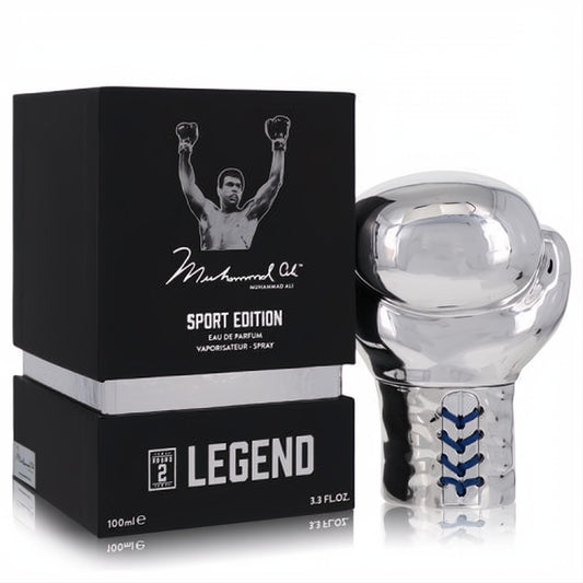 Muhammad Ali Legend Round 2 Sport Edition 3.3 oz men's fragrance. Bold silver boxing glove bottle with blue laces, black box.