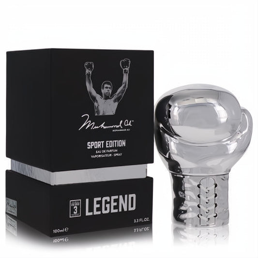 Muhammad Ali Legend Round 3 Sport Edition 3.3 oz men's fragrance. Black box with Ali image, sleek silver boxing glove bottle.