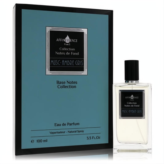 Discover Affinessence Musc Ambre Gris 3.3 oz EDP. Sleek clear bottle, black cap, and sophisticated teal box.