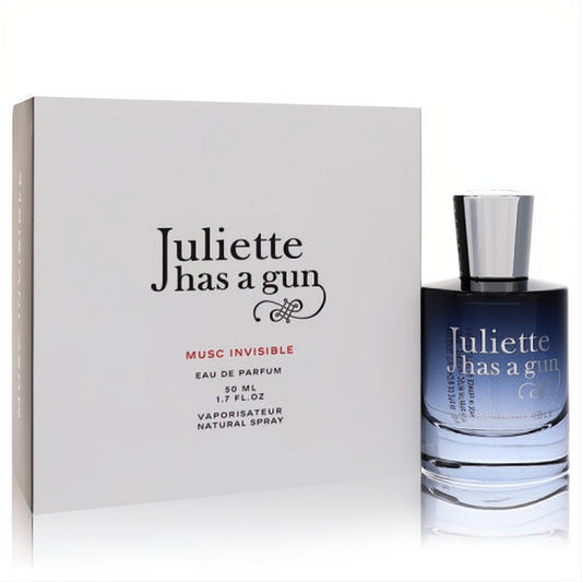 Juliette Has A Gun Musc Invisible 1.7 oz Eau de Parfum. Elegant blue ombre glass bottle with silver cap, beside its crisp white box.