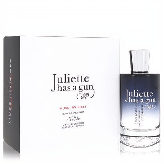 Elegant Juliette Has A Gun Musc Invisible Eau De Parfum 3.3 oz spray, featuring a chic blue gradient glass bottle and crisp white box.