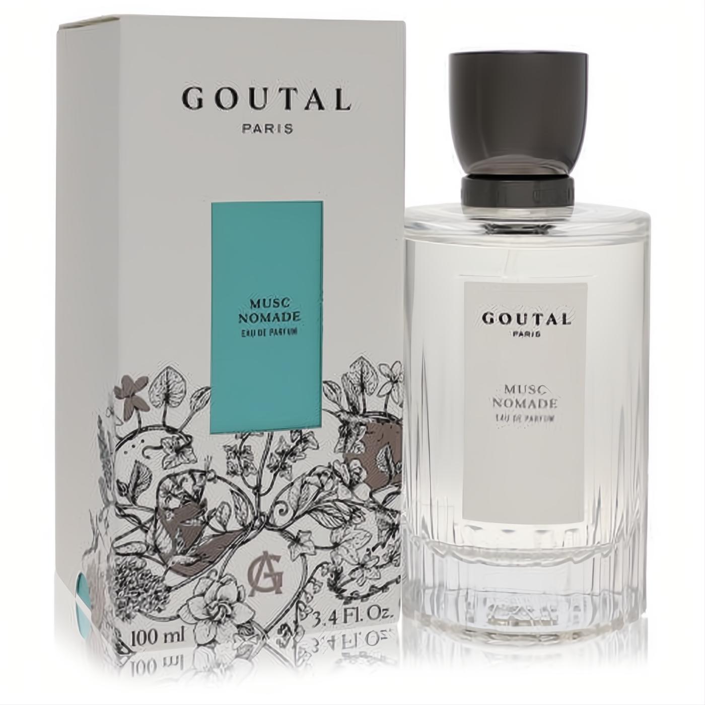 Elegant Annick Goutal Musc Nomade 3.4 oz EDP. Clear glass bottle, dark cap, refined white box with teal panel and botanical art.