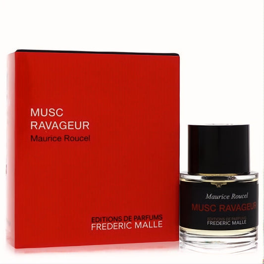 Premium Frederic Malle Musc Ravageur unisex Eau de Parfum. Clear bottle, black cap & label, next to its vibrant red box.