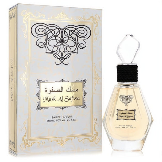 Luxurious Musk Al Safwa 2.7 oz unisex EDP in a stunning faceted glass bottle and ornate white-gold box.**