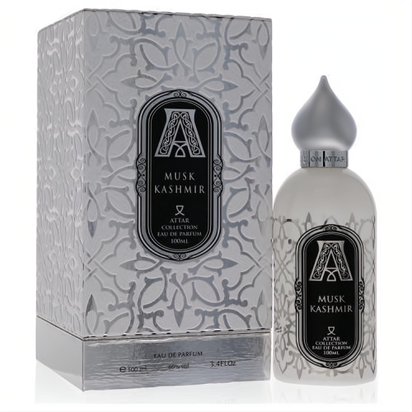 Exquisite Musk Kashmir 3.4 oz EDP by Attar Collection. White bottle with elegant silver cap, black label, and ornate matching box.