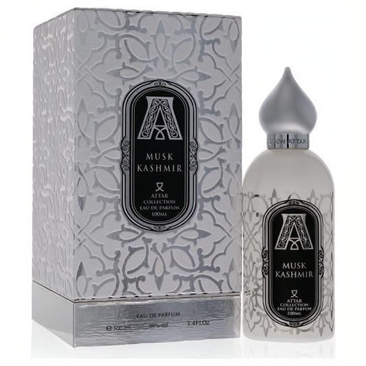Exquisite Musk Kashmir 3.4 oz EDP by Attar Collection. White bottle with elegant silver cap, black label, and ornate matching box.