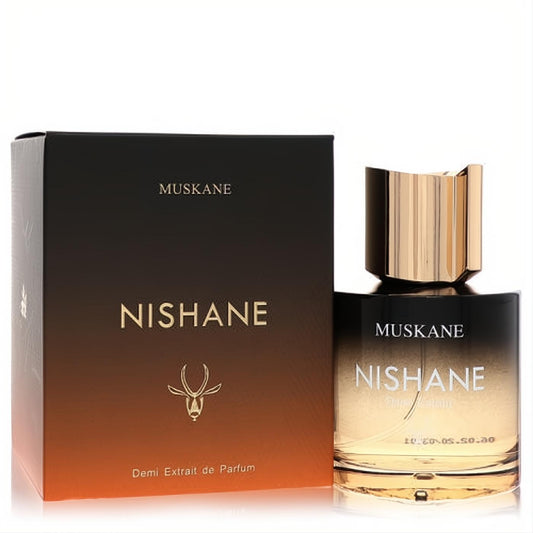 Nishane Muskane 3.4 oz Extrait De Parfum, featuring a striking black-to-gold gradient glass bottle and matching box with a luxurious gold cap.