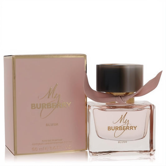 My Burberry Blush 1.6 oz Eau De Parfum: elegant clear rectangular bottle with a blush pink ribbon and matching gold-trimmed box.