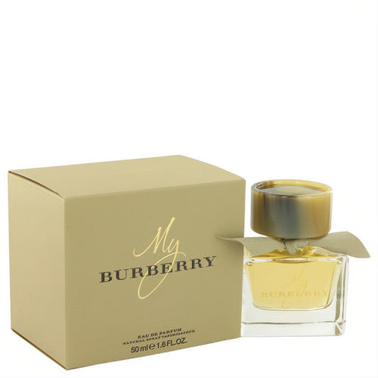 My Burberry Eau de Parfum 1.6 fl.oz. in an elegant clear bottle with amber horn-effect cap, beige ribbon, and gold box.