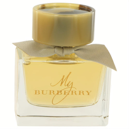Sophisticated My Burberry EDP in a clear square glass bottle with radiant golden liquid, a marbled amber cap, and a chic beige bow.)