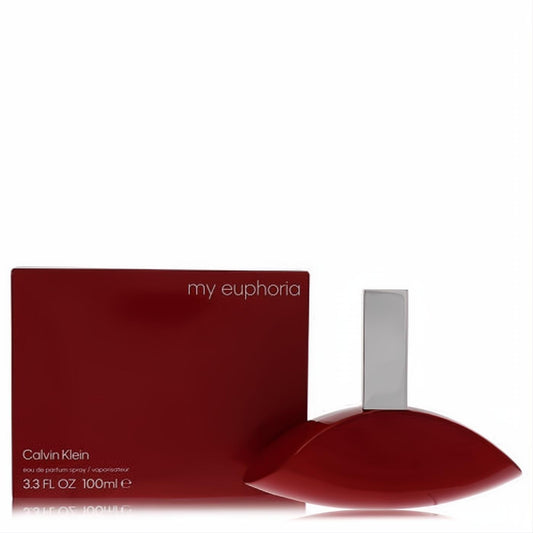 Elegant Calvin Klein My Euphoria 3.3 oz Eau De Parfum in a vibrant red, uniquely curved bottle with a sleek silver cap and matching box.