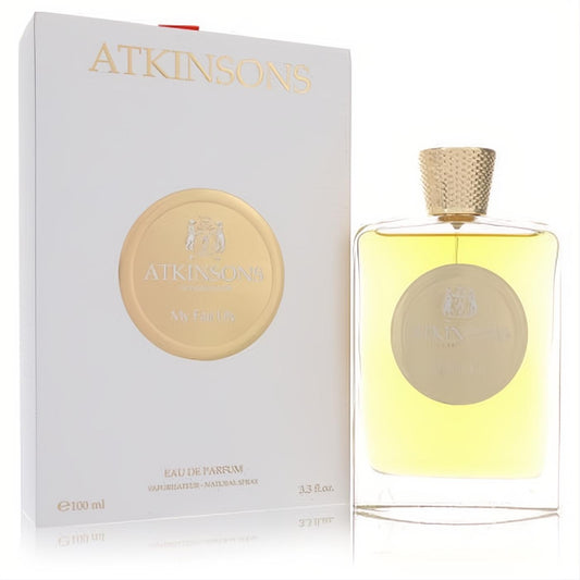 Atkinsons My Fair Lily unisex Eau De Parfum spray. Clear 3.3 oz bottle and elegant white box with gold accents.