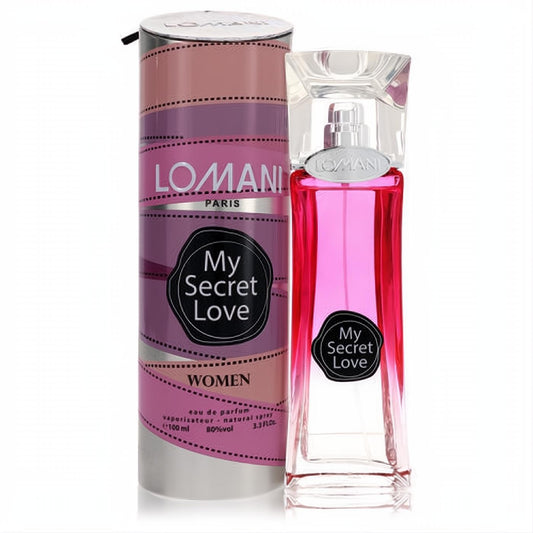 Elegant Lomani My Secret Love 3.3 oz women's perfume in a striking pink and clear glass bottle with a chic striped box.