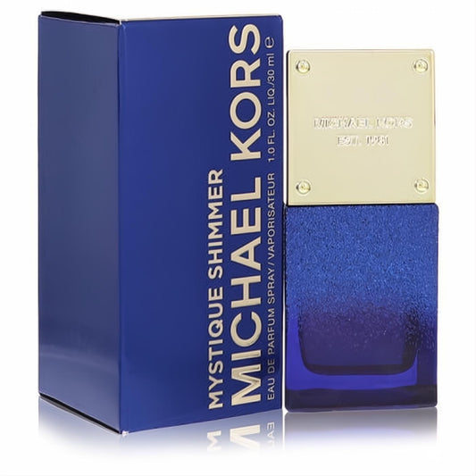 Michael Kors Mystique Shimmer 1 oz EDP. Luxurious deep blue bottle with shimmering gradient, elegant gold studded cap, and matching box.
