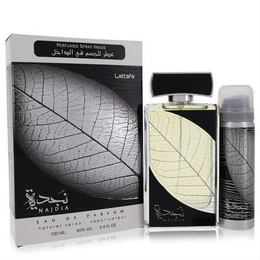 Najdia by Lattafa women's perfume set: 3.4 oz EDP and 1.7 oz deodorant. Elegant black and white design with a striking gold leaf motif.