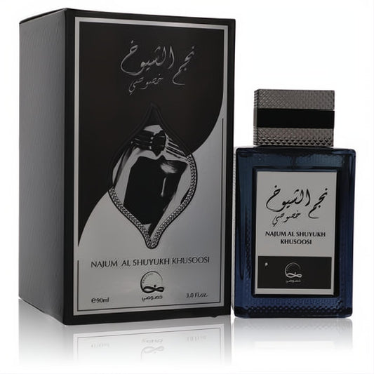 Luxurious Najum Al Shuyukh Khusoosi 3 oz men's EDP. Dark blue glass bottle with textured metallic cap, next to its sleek black and silver box.