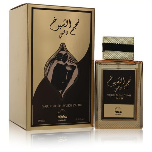 Najum Al Shuyukh Zahbi 3 oz men's fragrance. Luxurious gold box and amber glass bottle with ornate black and gold labels.