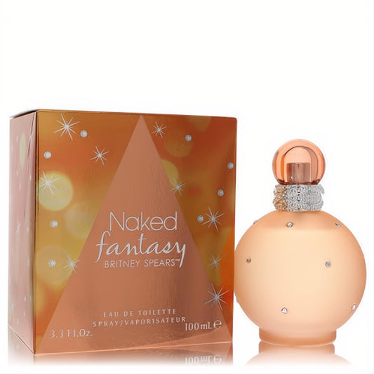 Naked Fantasy Britney Spears 3.4 oz EDT. Dazzling peach spherical bottle with sparkling jewels, rose gold cap, and vibrant orange box.