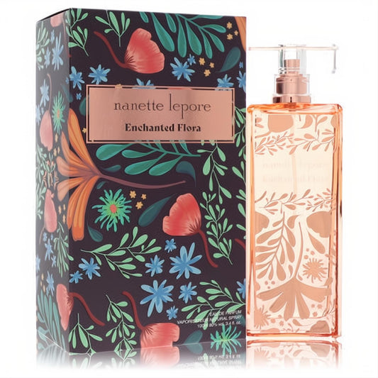 Captivating Nanette Lepore Enchanted Flora 3.4 oz EDP spray. Amber bottle with rose gold pump, paired with a stunning dark floral box.