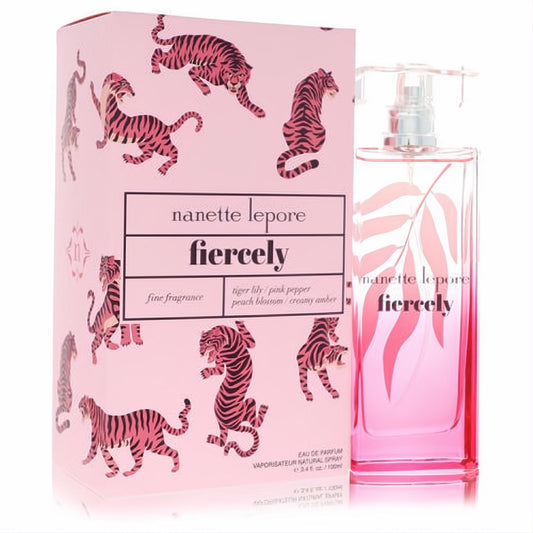 Captivating Nanette Lepore Fiercely 3.4 oz Eau De Parfum. Pink tiger box and elegant gradient bottle with leaf design.