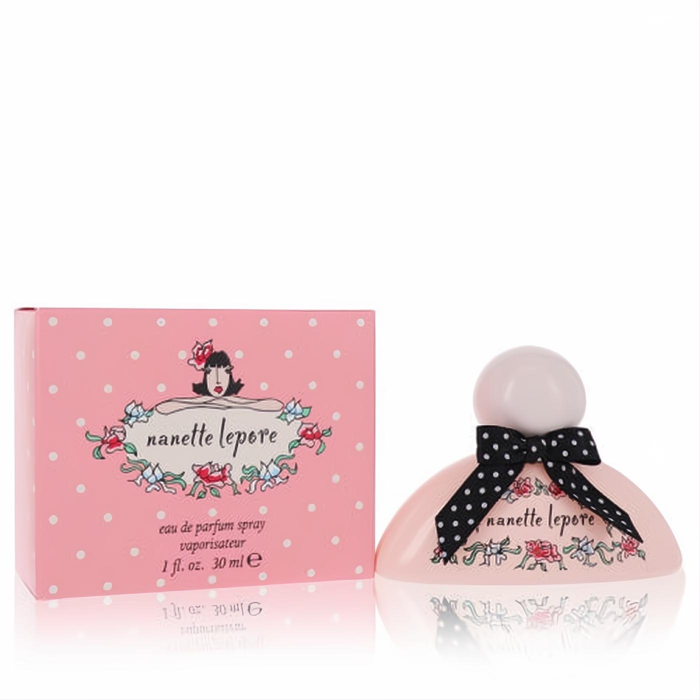 Nanette Lepore 1 oz women's Eau De Parfum. Distinctive pink bottle with a black polka dot bow, floral design, and matching box.