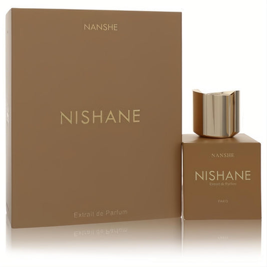 Nanshe by Nishane unisex Extrait de Parfum. Sophisticated brown bottle, striking gold cap, and elegant branded box.