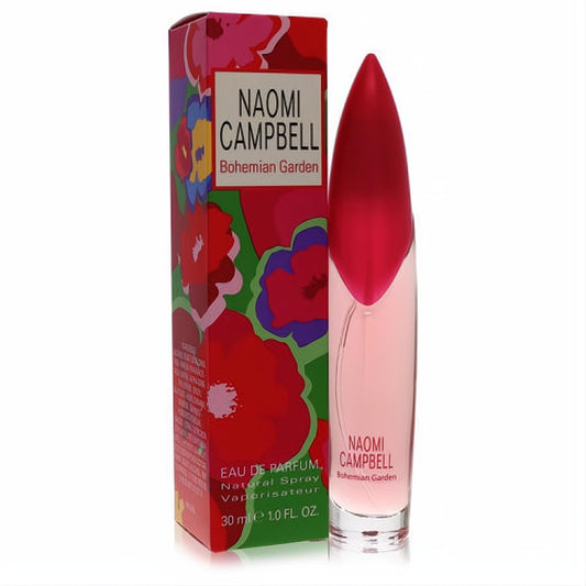 Naomi Campbell Bohemian Garden 1 oz EDP. Elegant pink glass bottle with vibrant fuchsia cap and colorful floral box.