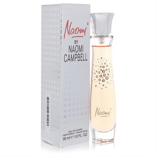 Naomi by Naomi Campbell 1 oz EDT. Elegant clear bottle with peach fragrance, sparkling silver accents, and a sleek white box.