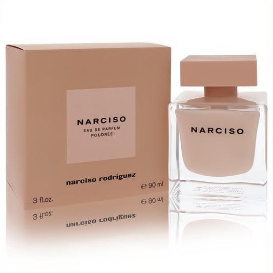 Iconic Narciso Poudree 3 oz Eau De Parfum. Elegant square glass bottle with soft pink liquid and cap, presented with its matching box.