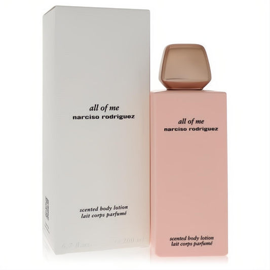 Experience Narciso Rodriguez All of Me 6.7 oz scented body lotion. Chic pink bottle, rose gold cap, and elegant white box.