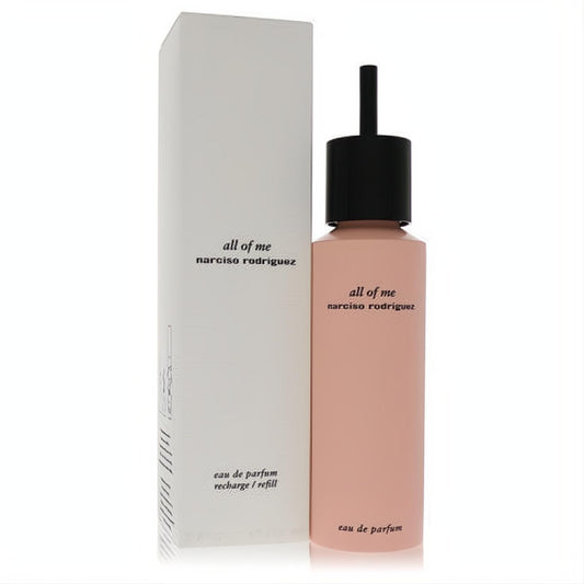 Elegant Narciso Rodriguez All of Me 5 oz women's Eau De Parfum refill in a soft pink bottle with black cap, beside its white box.