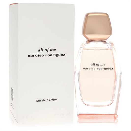 Narciso Rodriguez All of Me 3 oz EDP for women. Elegant clear glass bottle with light pink liquid, rose gold cap, and white box.