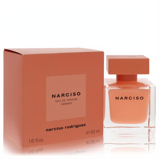Warm amber Narciso Rodriguez Ambree 1.6 oz EDP spray in a sleek square glass bottle with matching box.