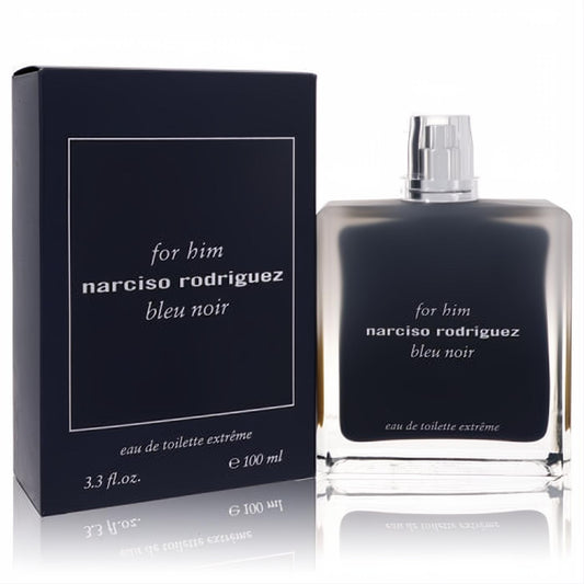 Discover Narciso Rodriguez Bleu Noir Extreme EDT 3.3 oz. Bold dark blue glass bottle with silver cap and matching box."Discover Narciso Rodriguez Bleu Noir Extreme EDT 3.3 oz.