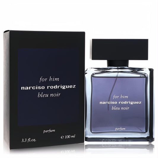 Narciso Rodriguez Bleu Noir for him parfum, 3.3 oz. Elegant black box and clear glass bottle with deep blue men's fragrance.