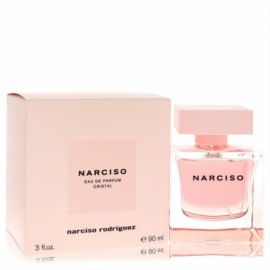 Elegant Narciso Rodriguez Cristal 3 oz EDP spray. Clear glass bottle with radiant pink perfume, matching pink cap and box.