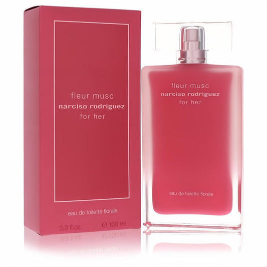 Vibrant pink Narciso Rodriguez Fleur Musc 3.3 oz Eau De Toilette. Elegant frosted glass bottle with clear cap and matching box.