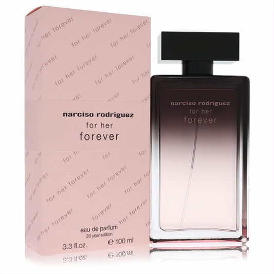 Sophisticated Narciso Rodriguez For Her Forever 3.3 oz Eau de Parfum spray. Elegant ombre glass bottle, chic pink box.