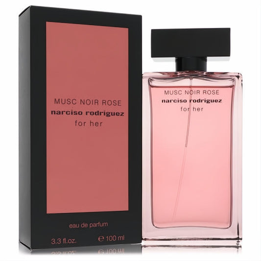 Narciso Rodriguez Musc Noir Rose 3.3 oz EDP. Luxurious rose-pink fragrance in a sleek glass bottle with black cap and matching box.