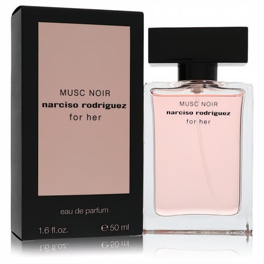 Narciso Rodriguez Musc Noir 1.6 oz Eau de Parfum. Chic clear glass bottle with blush pink fragrance, sleek black cap, and elegant black box.