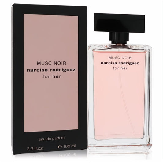 Luxurious Narciso Rodriguez Musc Noir 3.3 oz EDP for women. Clear bottle, soft pink liquid, sleek black cap, and elegant black box.
