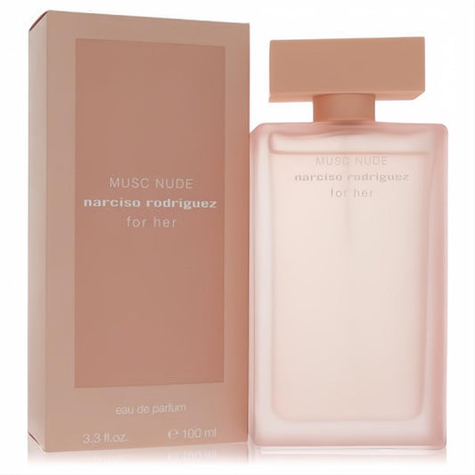 Narciso Rodriguez Musk Nude 3.3 oz EDP. Frosted nude glass bottle with a sleek matching cap, displayed with its elegant box.