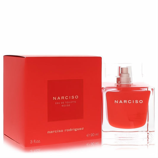 Captivating Narciso Rodriguez Rouge 3 oz EDT. Vibrant red glass bottle and matching box, perfect for passionate women.